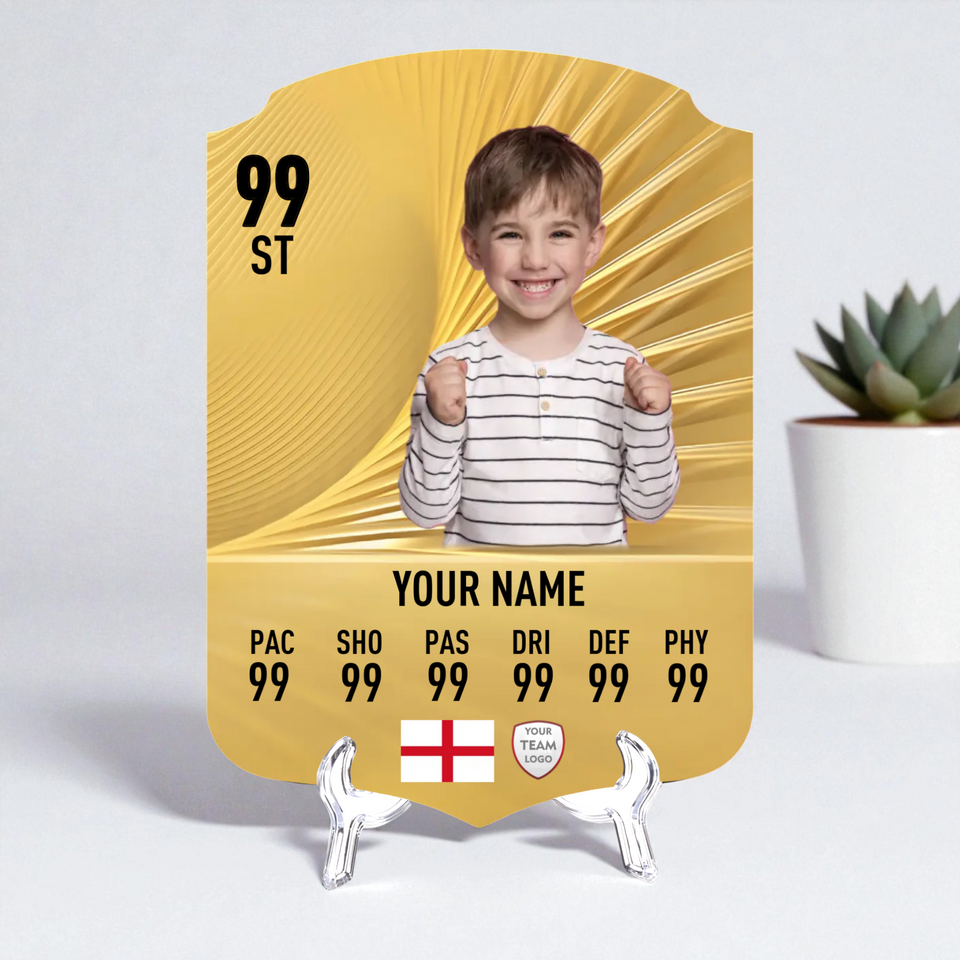Happy kid holding custom football card